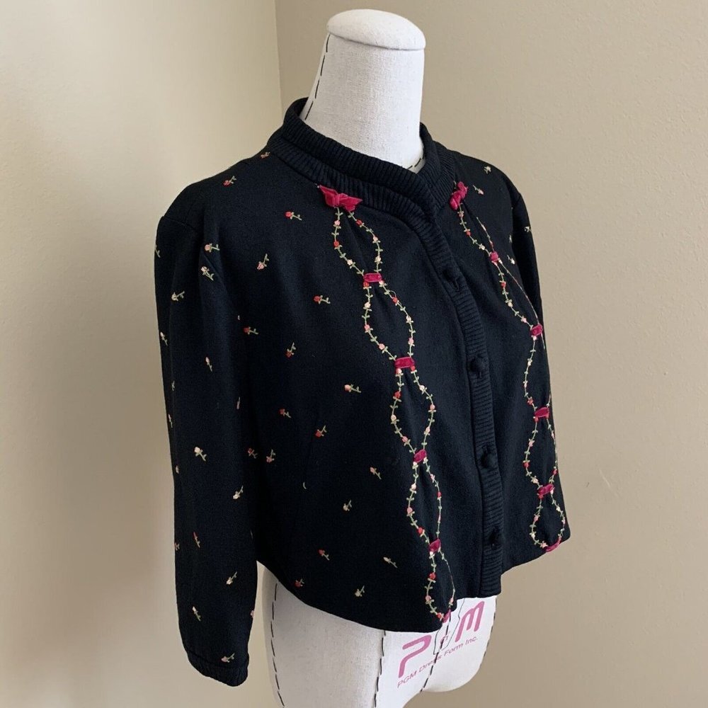 Vintage 50s Rosebud Pink Ribbon Embroidered Cardigan Jacket Rockabilly Pinup